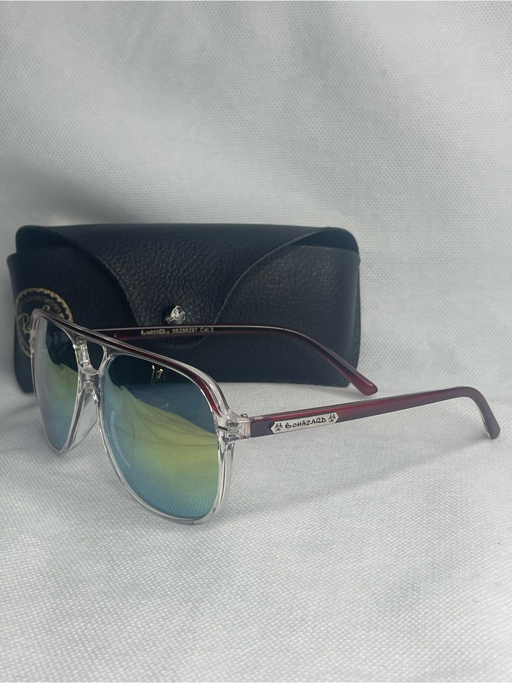 Biohazard Retro 80's Pilot Sunglasses Burgundy Clear Frame Mirror Rainbow Lenses